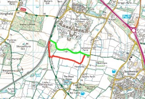 Map showing existing all-weather path (in green) and proposed diversion (in red)